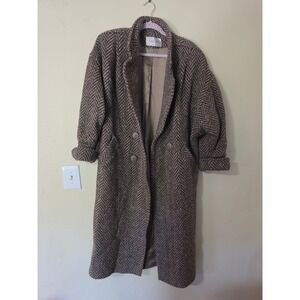 Vintage Threads Brown Herringbone 100% Pure Wool Double Breasted Coat Size 10